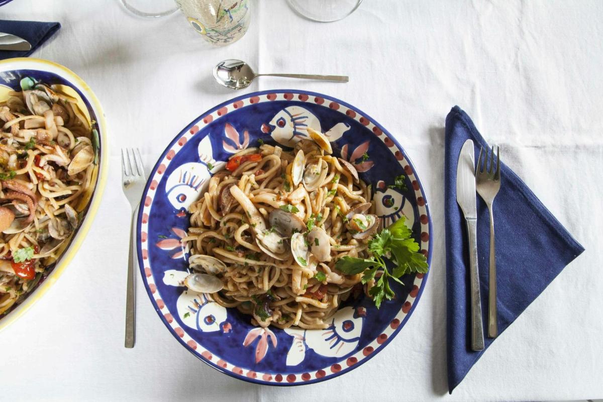 a plate of food with noodles and mushrooms on a table