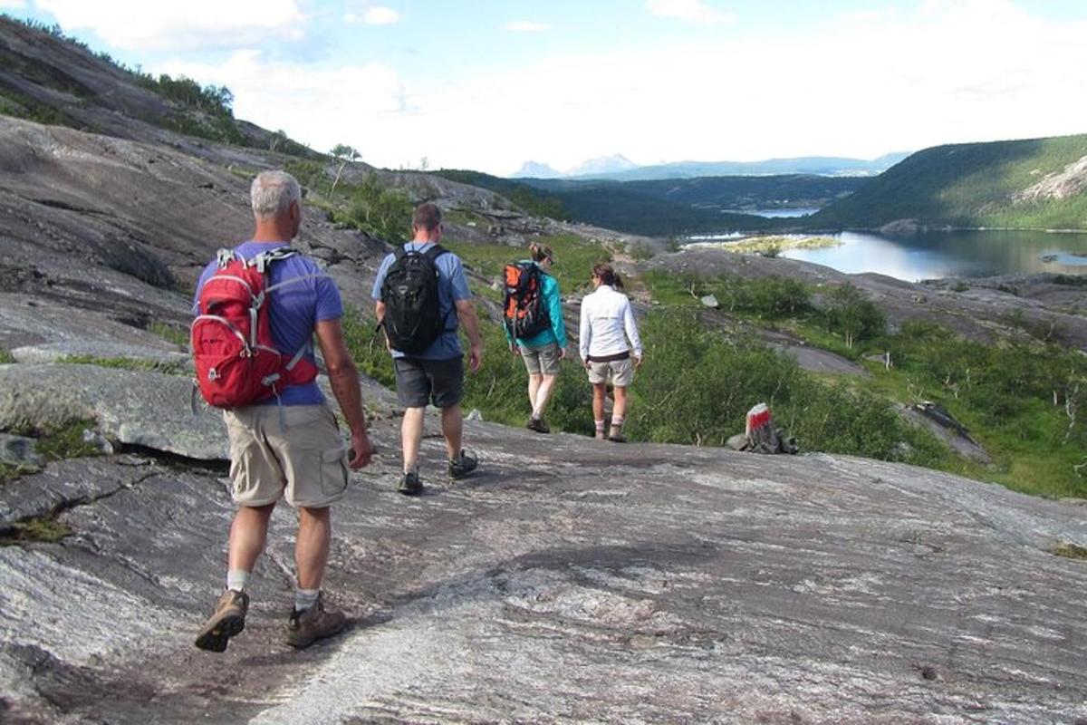 a group of people walking down a rock hill
