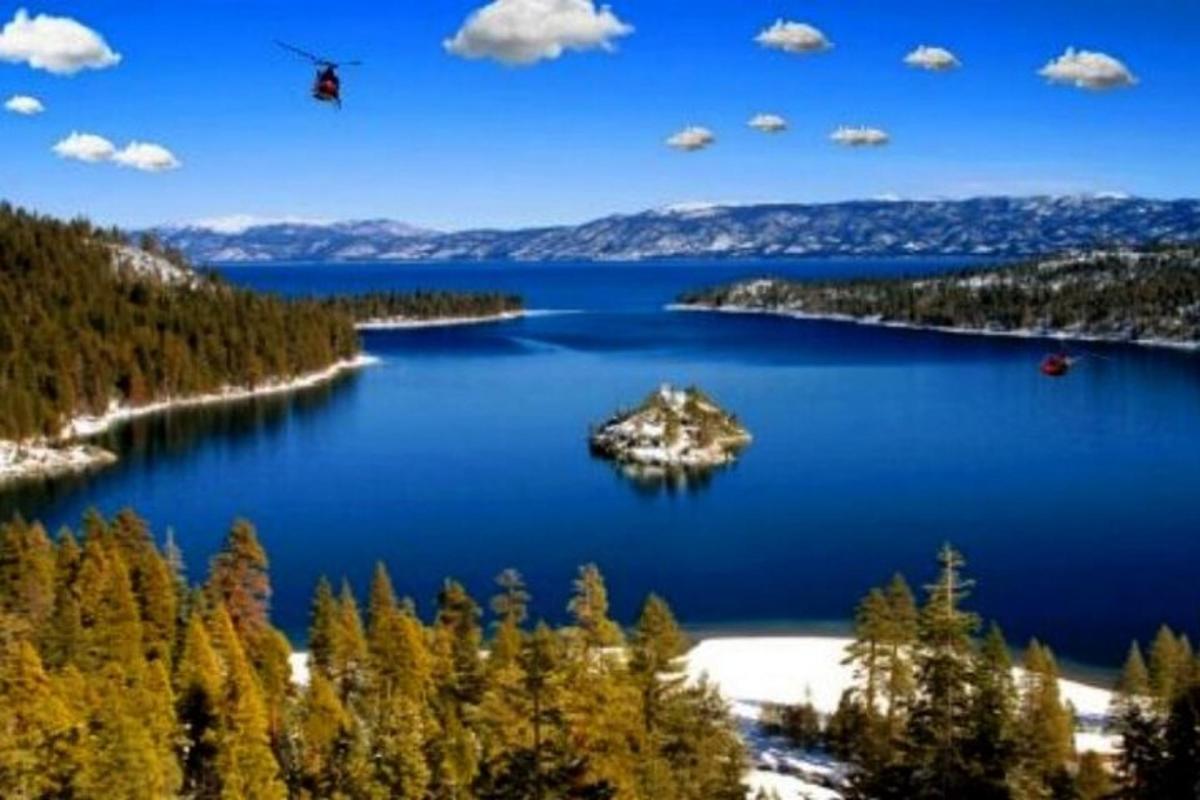 an island in the middle of a lake