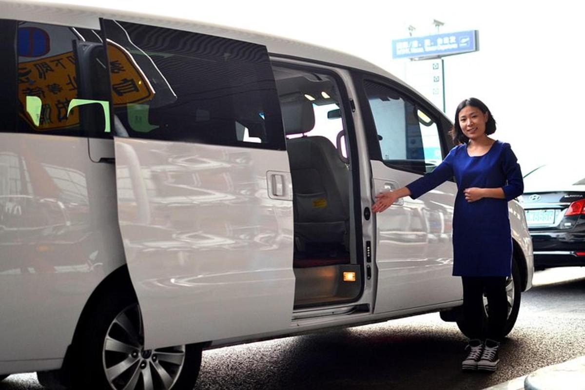 uma mulher parada na frente de uma van branca