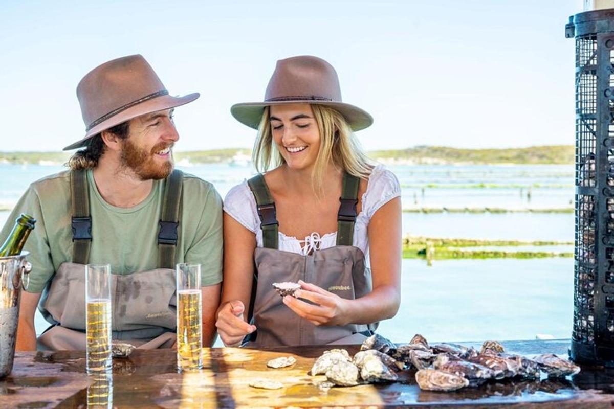 a man and woman wearing hats sitting at a table