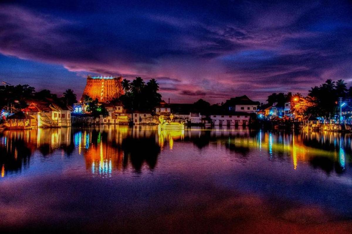 a view of a river at night with lights
