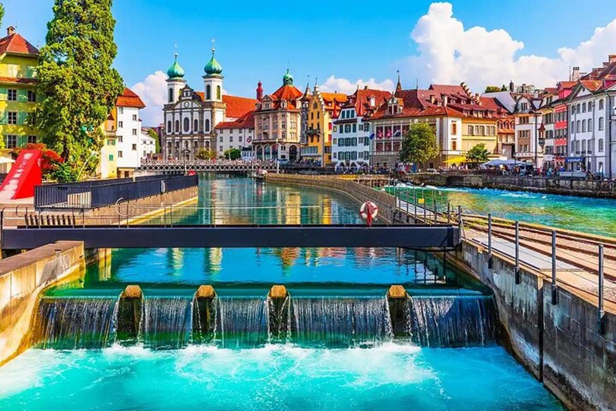 a river in a city with a bridge and buildings