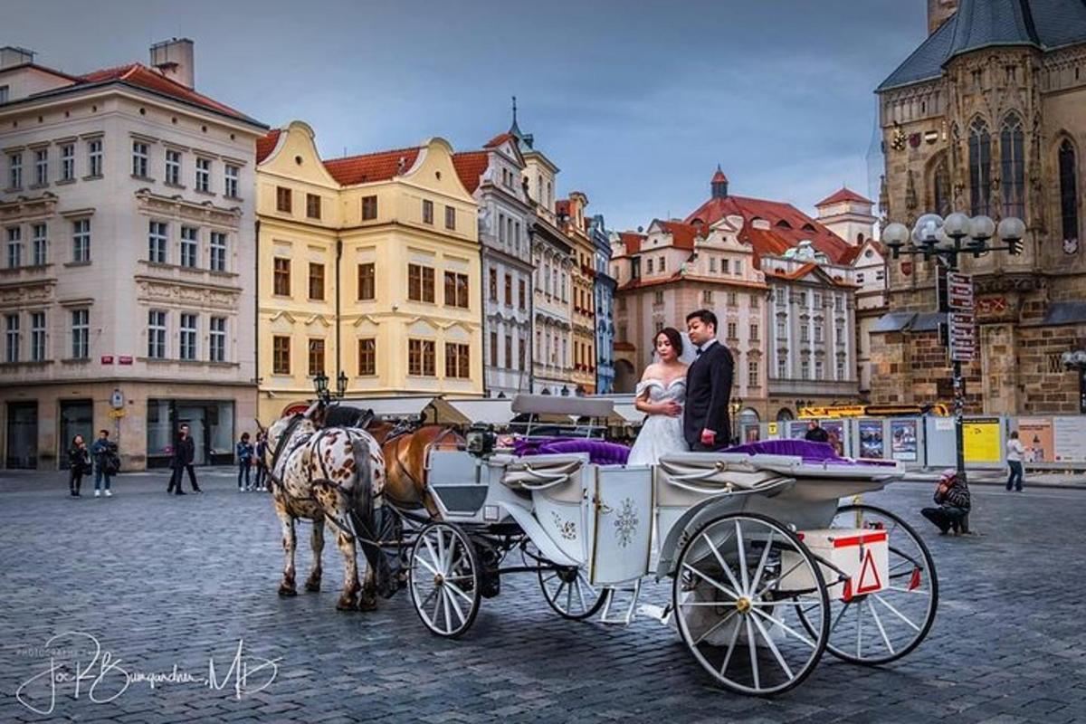 nevěsta a ženich v koňském spřežení