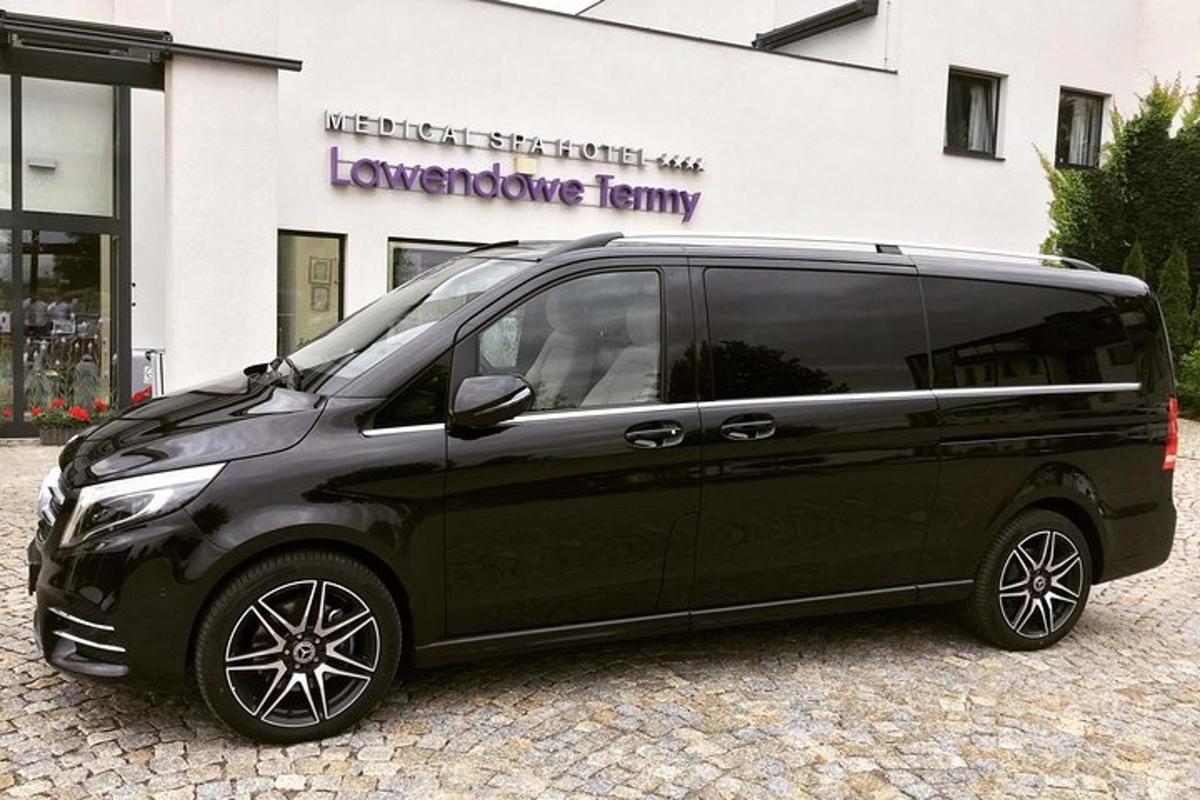 a black minivan parked in front of a store
