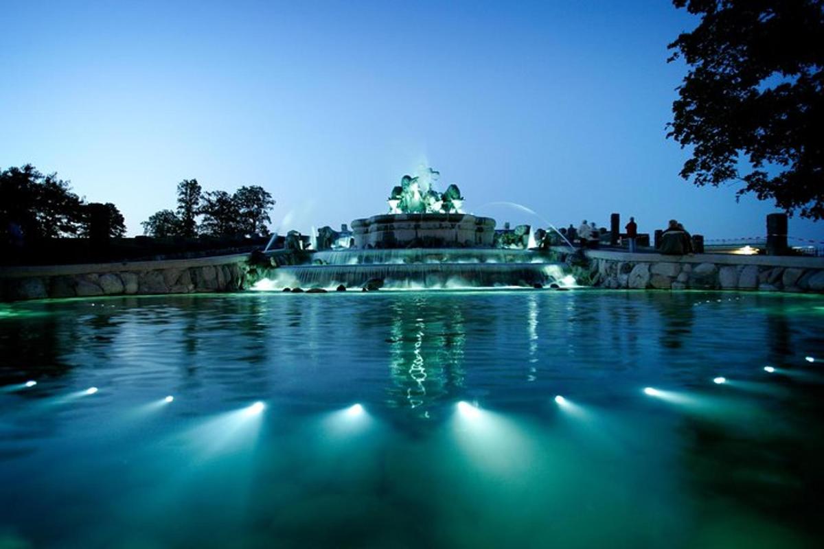 ein Brunnen mit einer Statue in einem Park bei Nacht