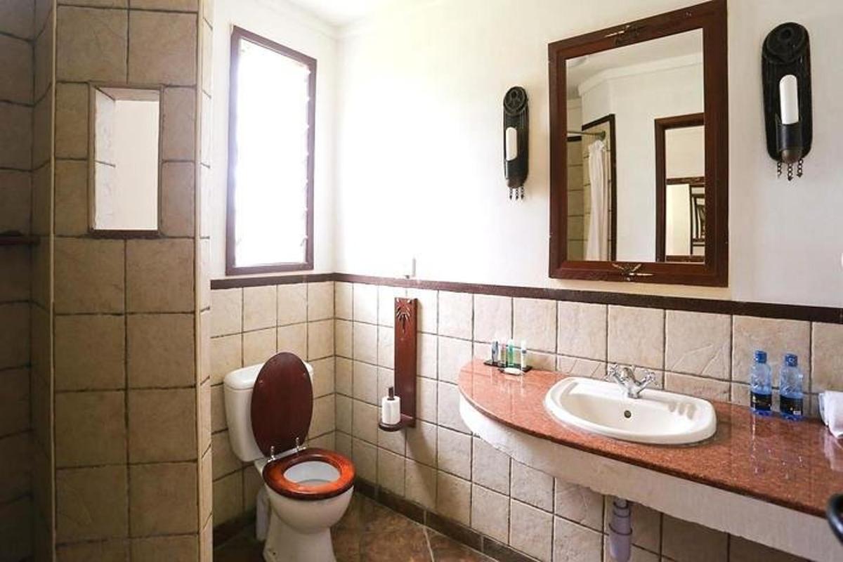 koupelna s toaletou, umyvadlem a zrcadlem