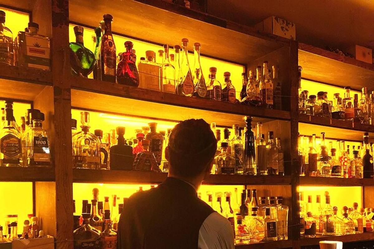 a man standing in front of a bar with lots of bottles