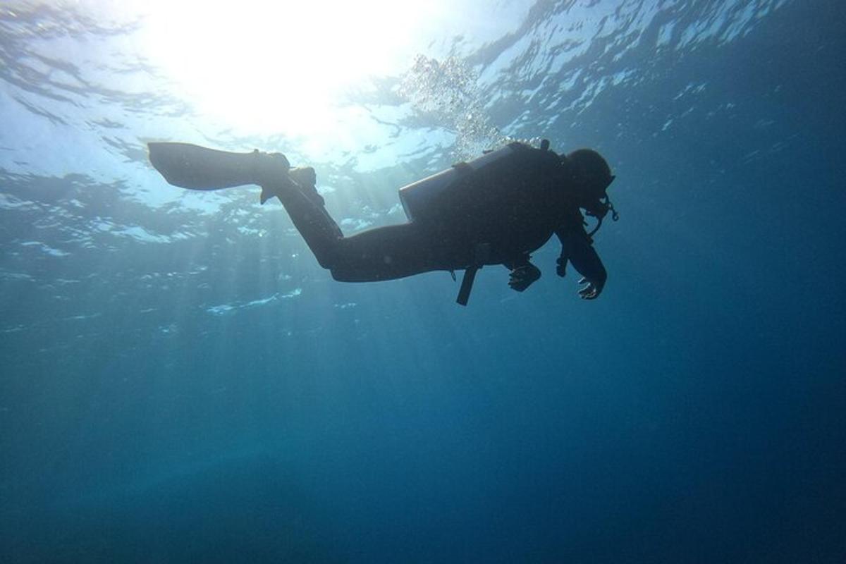 člověk plave v oceánu se sluncem za zády