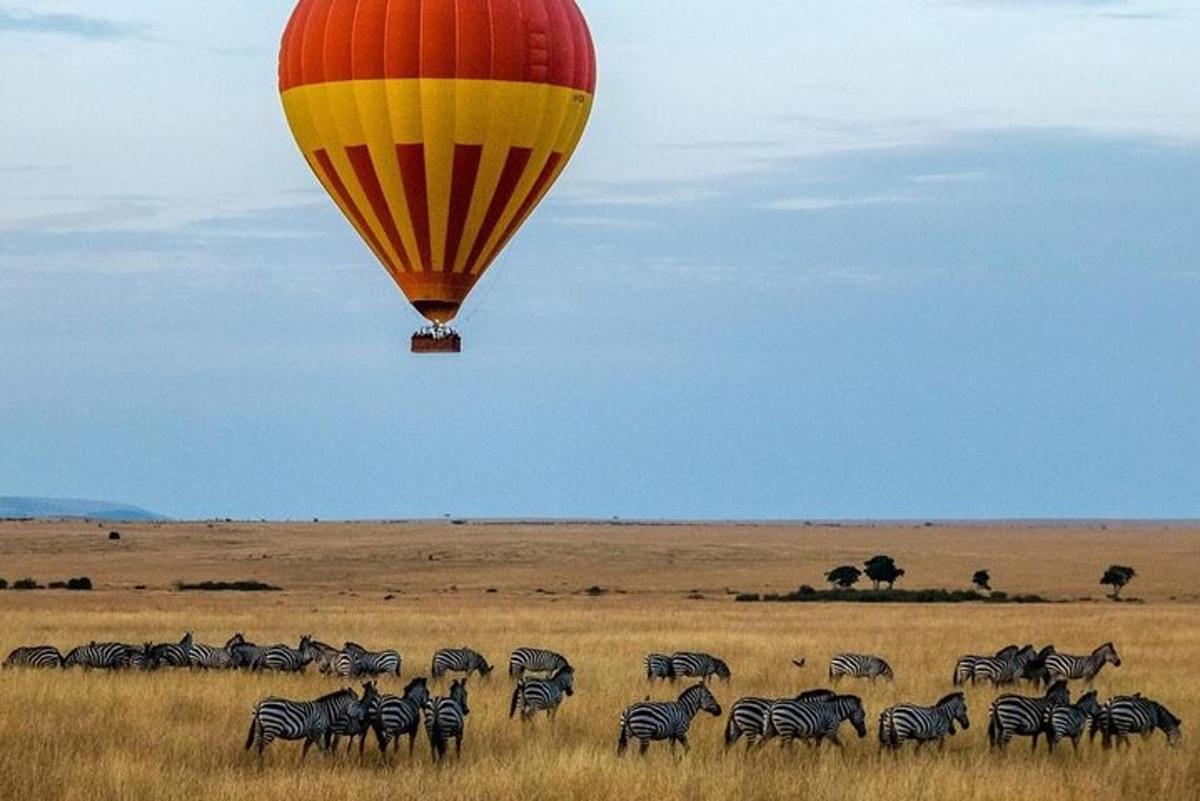 a hot air balloon flying over a herd of zebras