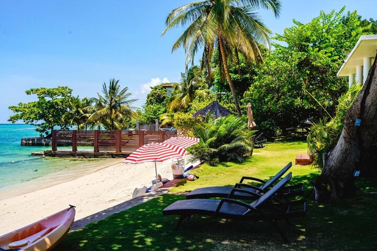 pantai dengan beberapa kerusi dan payung
