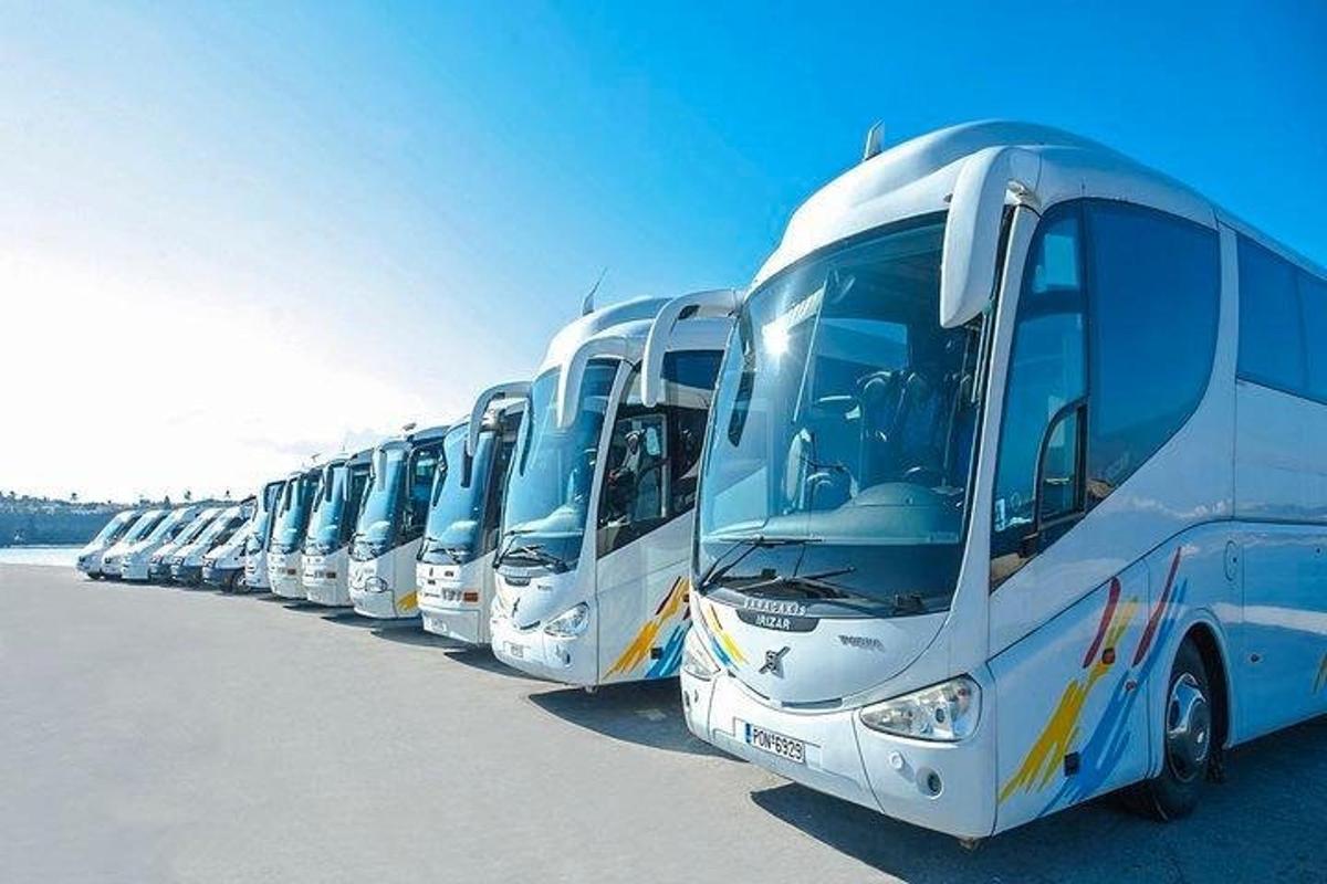 una fila d'autobusos aparcats en fila