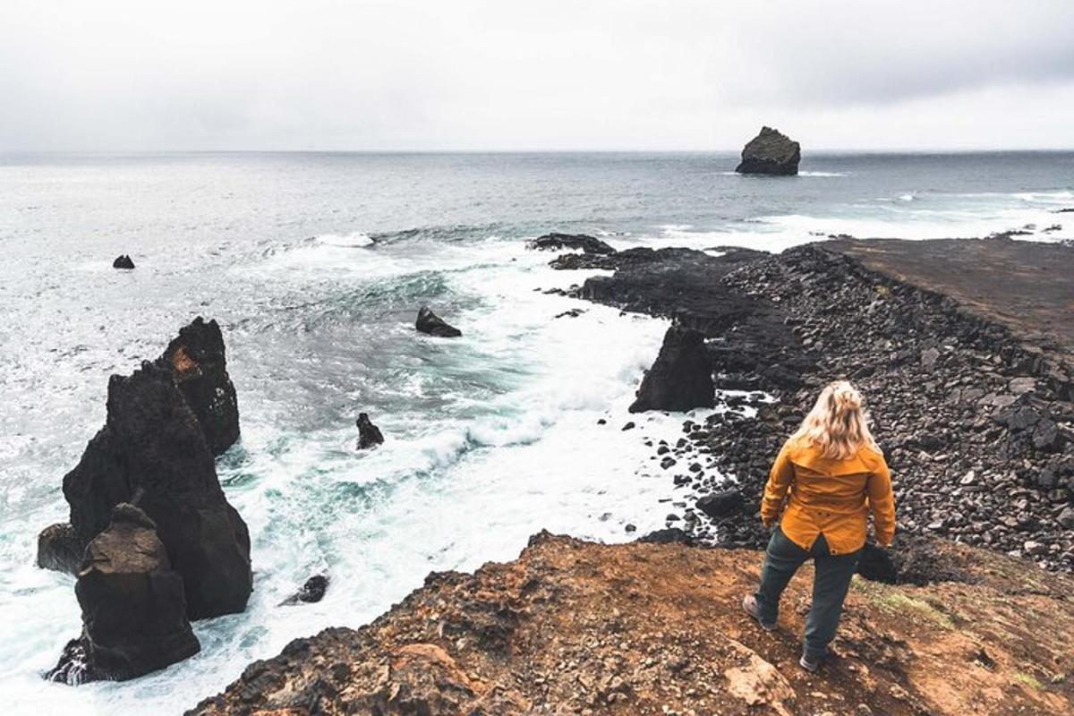 una donna in piedi su una roccia vicino all'oceano