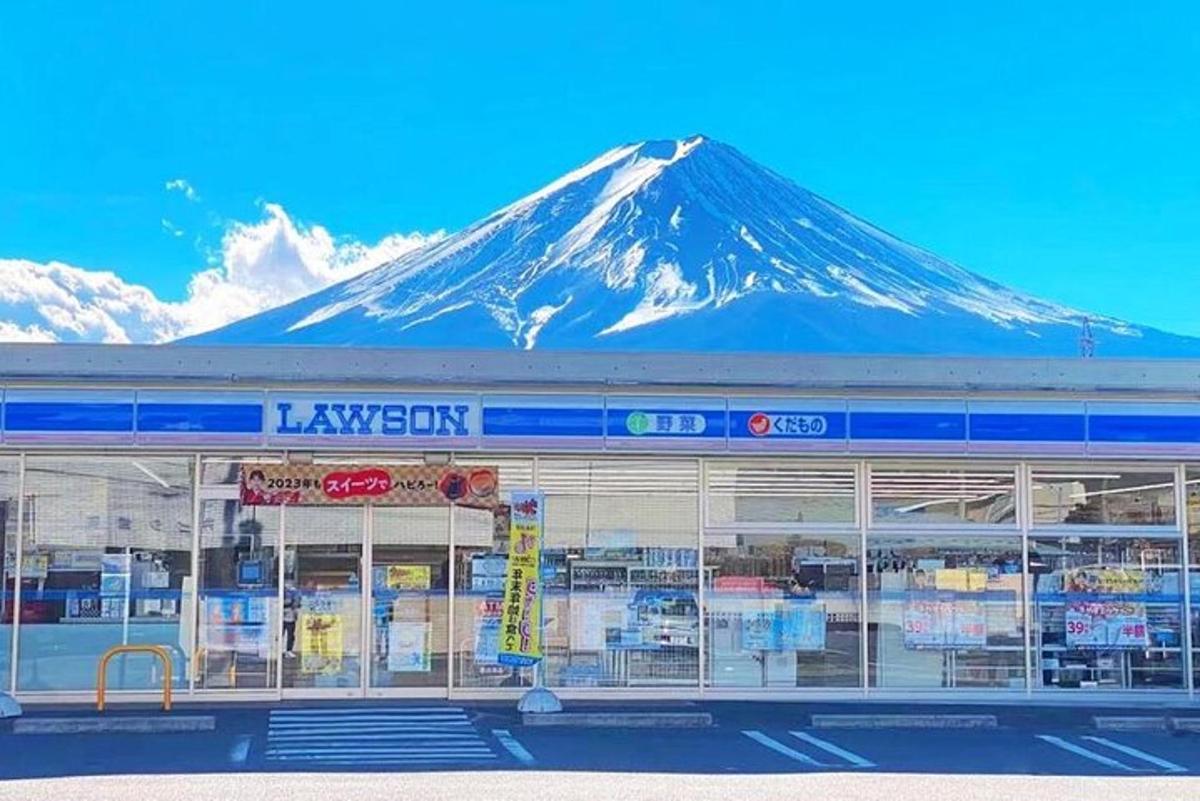 a snow covered mountain in the background of a store