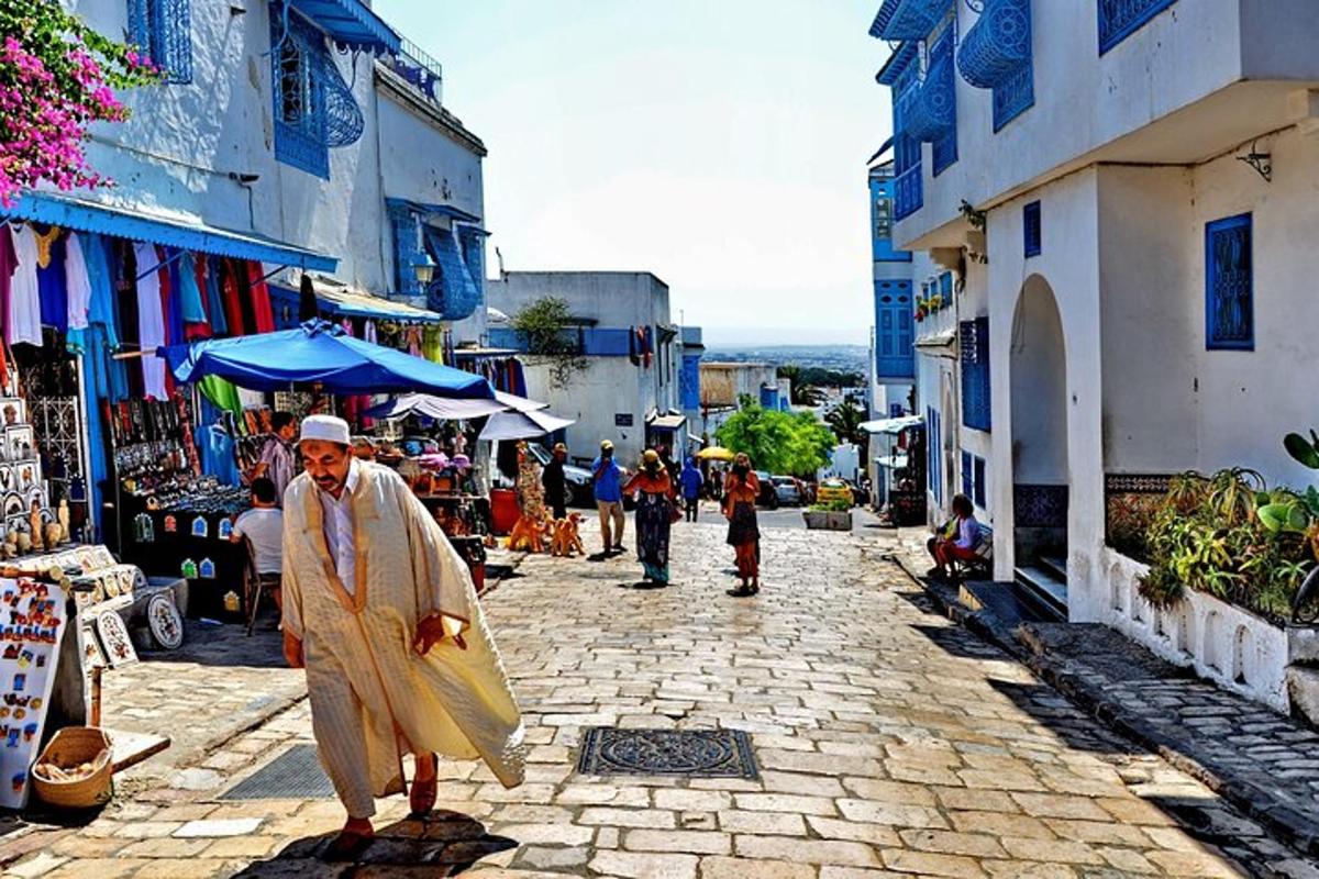 a man walking down a street in a city