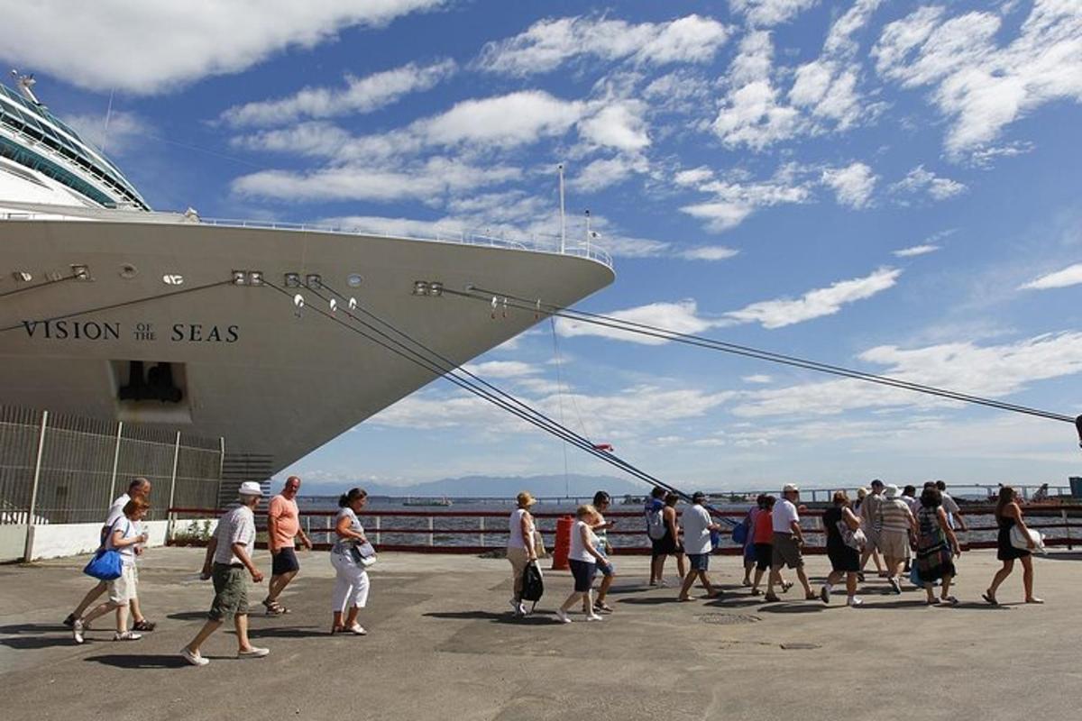 en gruppe mennesker som går mot et cruiseskip