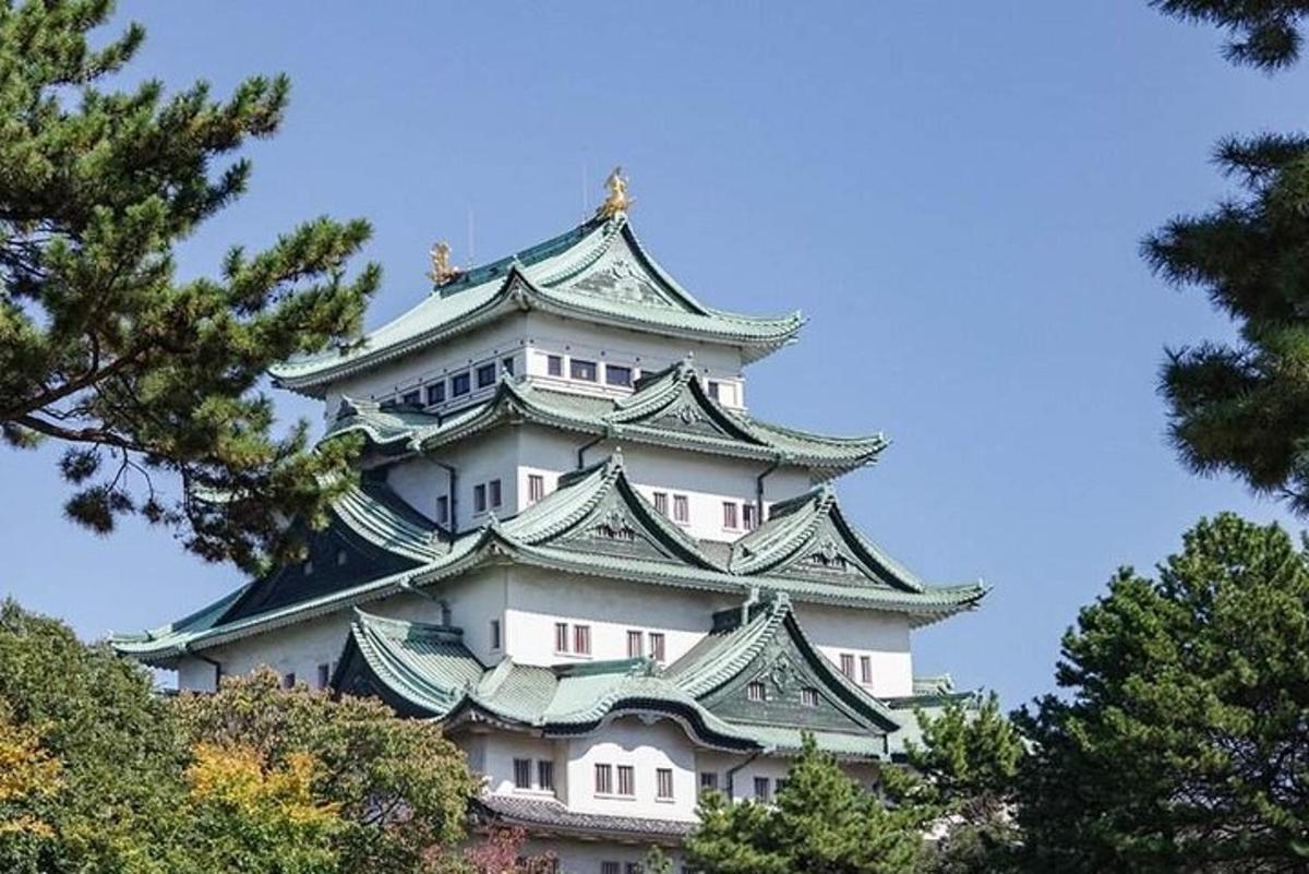 un castello giapponese con alberi in primo piano