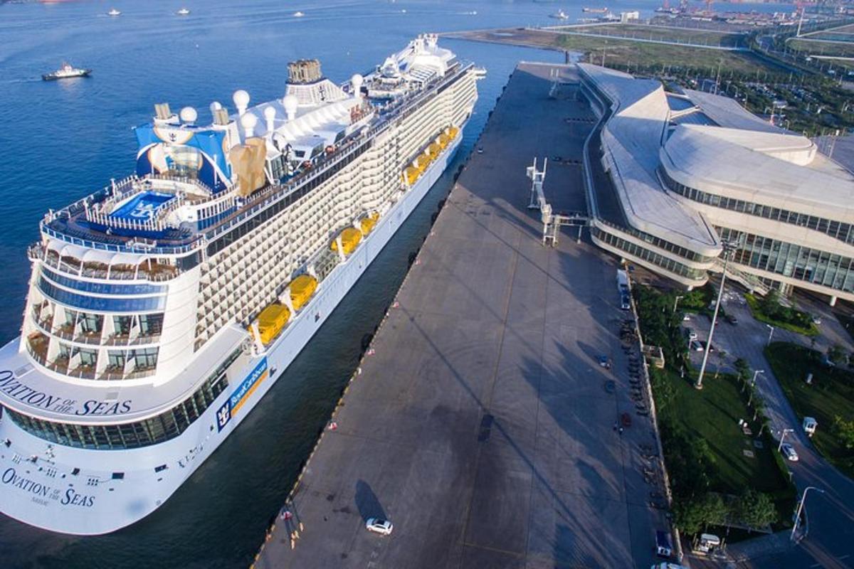 an overhead view of a cruise ship in the water