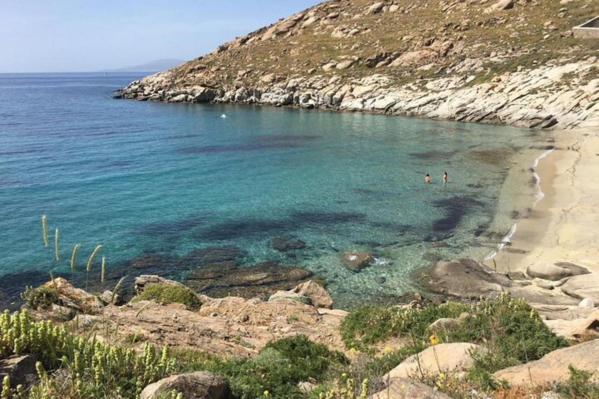 two people swimming in the water near a beach