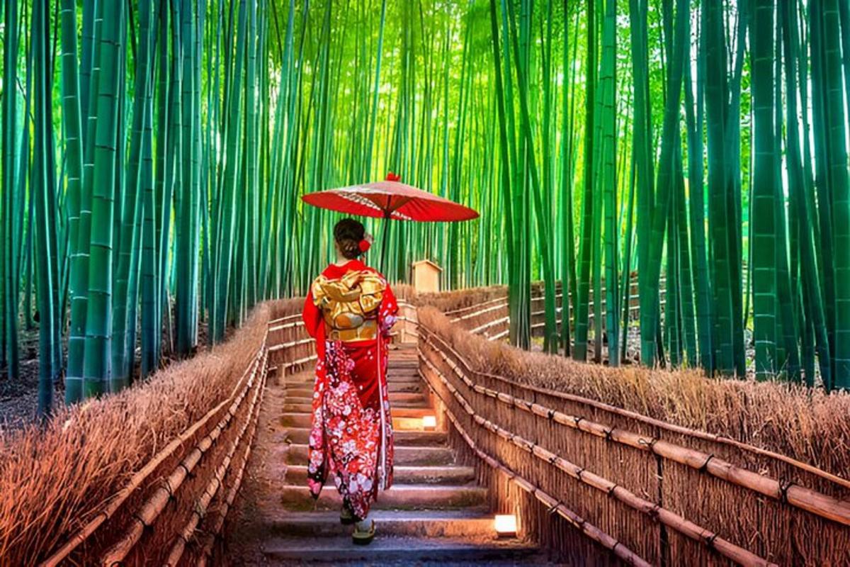 uma mulher descendo escadas em uma floresta de bambu