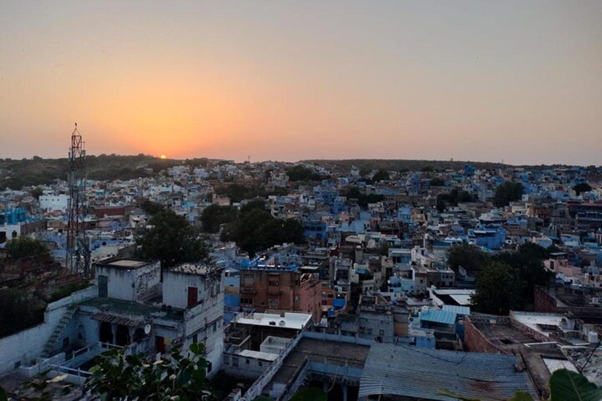 a view of a city at sunset