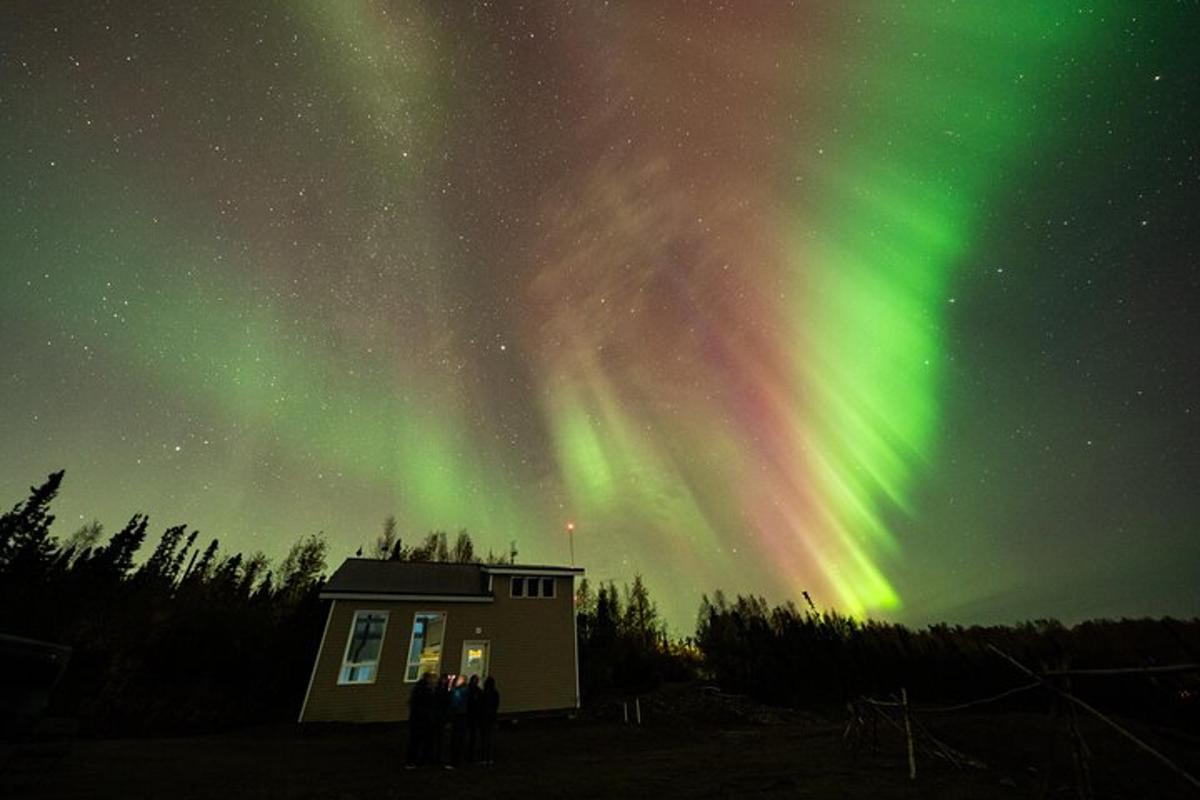 un grup de oameni care stăteau în fața unei case sub aurora boreală