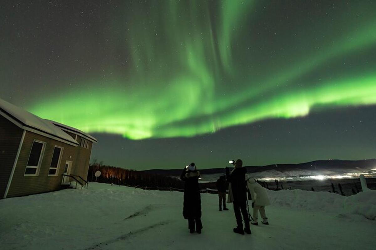 un gruppo di persone in piedi nella neve sotto l'aurora