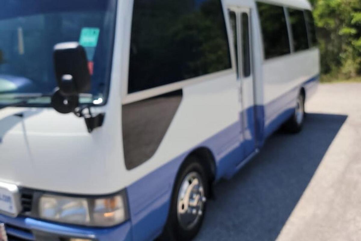 uma van azul e branca estacionada em uma rua