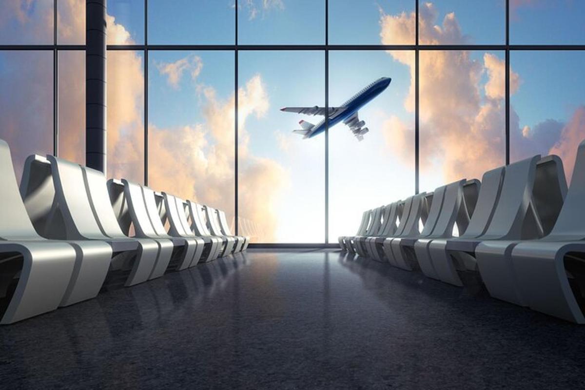flugstöð með flugvél sem flýgur á lofti