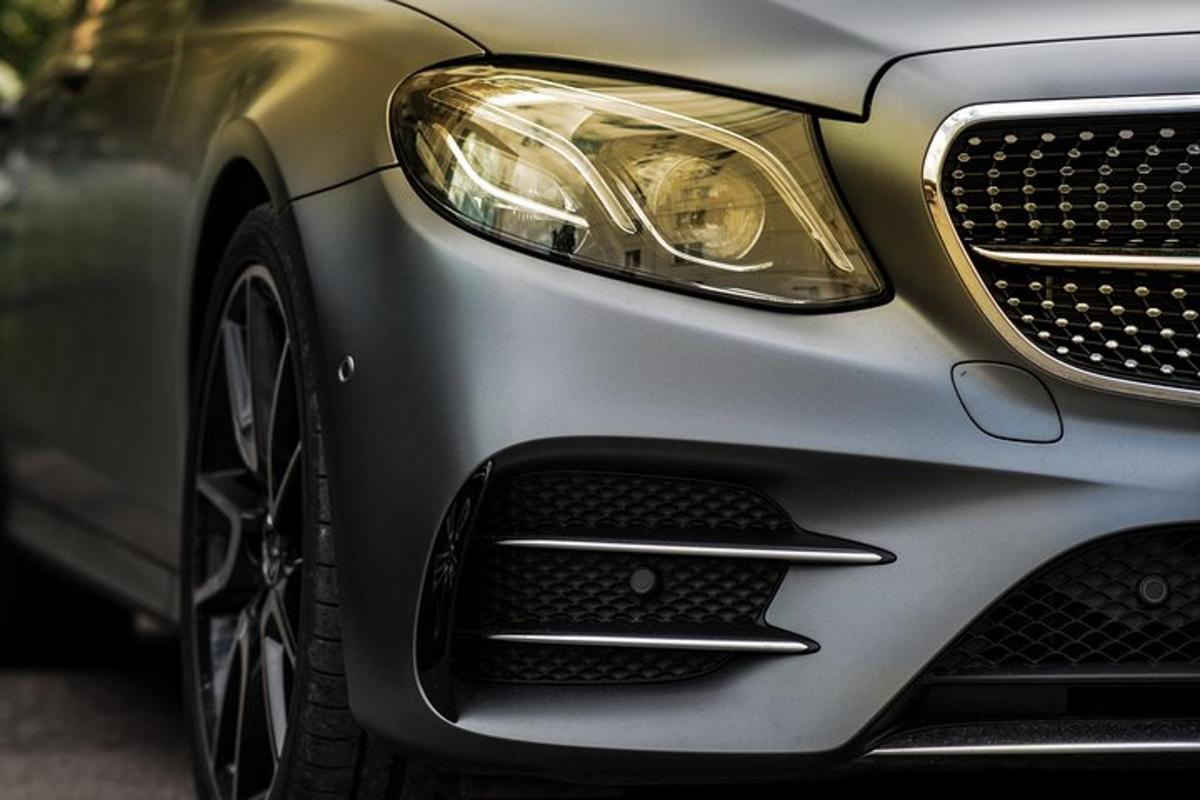 a close up of a silver car