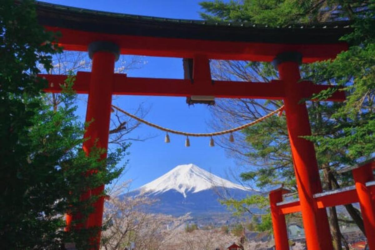 Červená brána torii s horou v pozadí