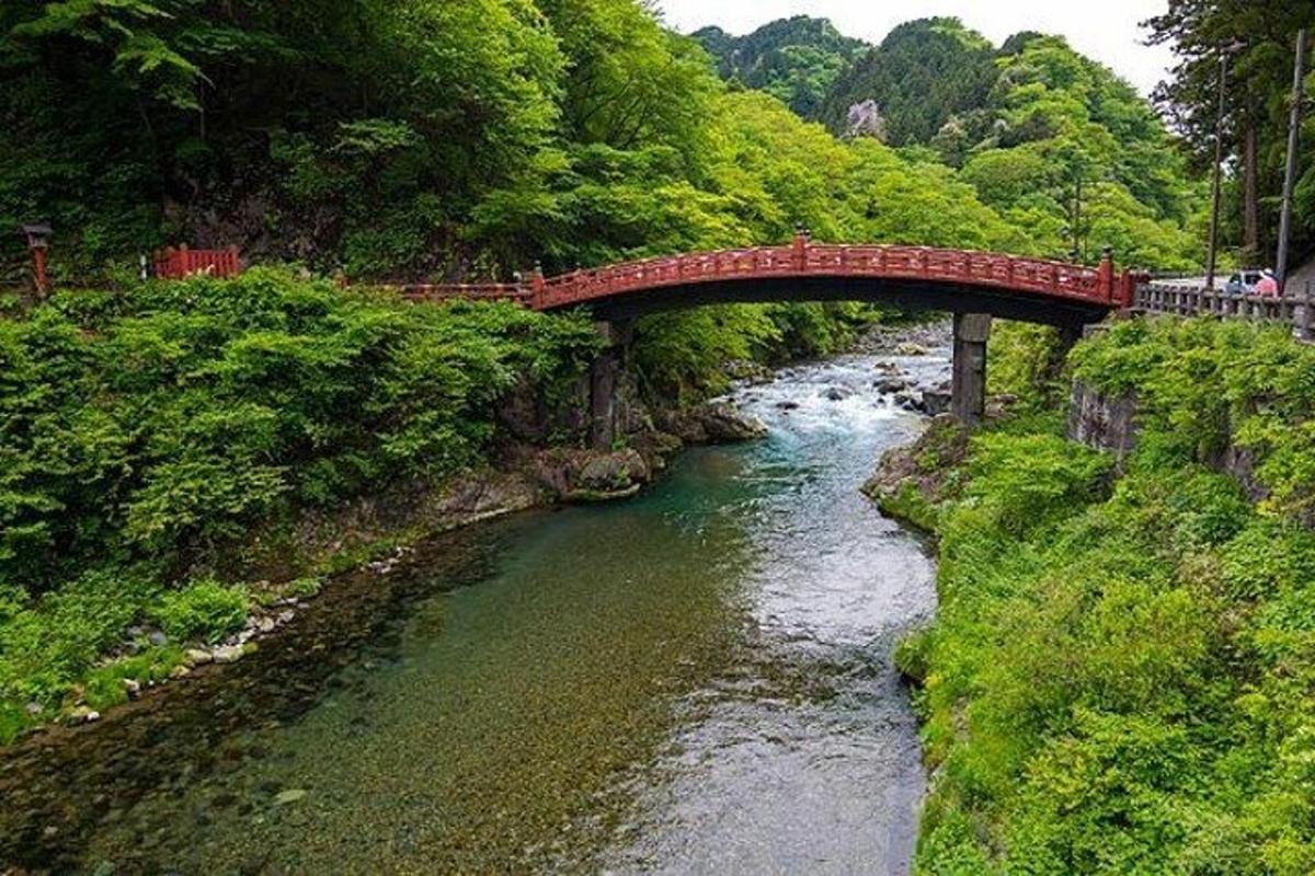 Un puente rojo sobre un río al lado de un bosque.