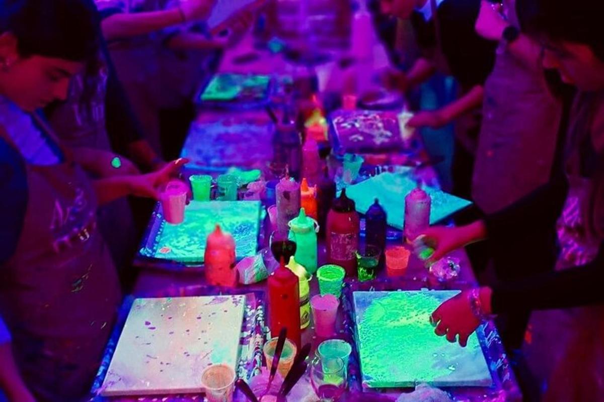 a group of tables covered in colored lights