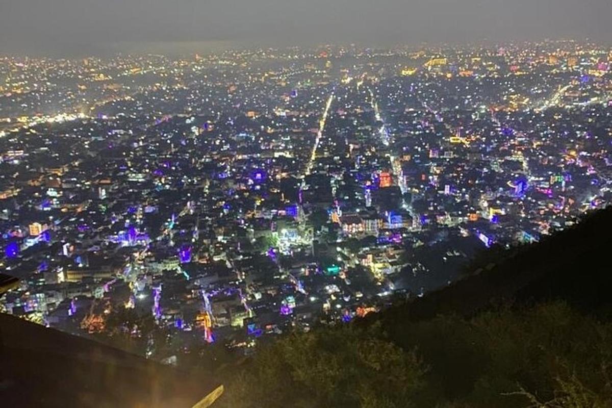 an aerial view of a city at night