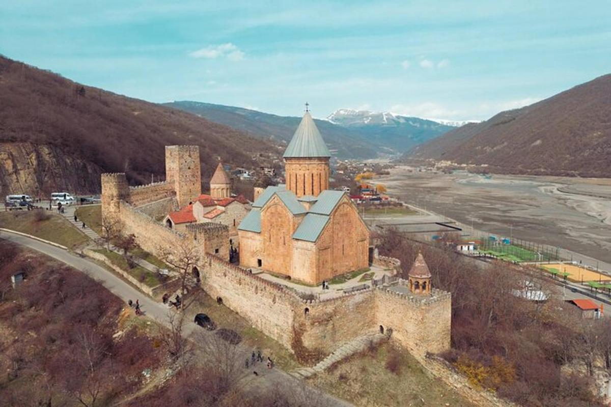 uma vista aérea de um castelo em uma colina