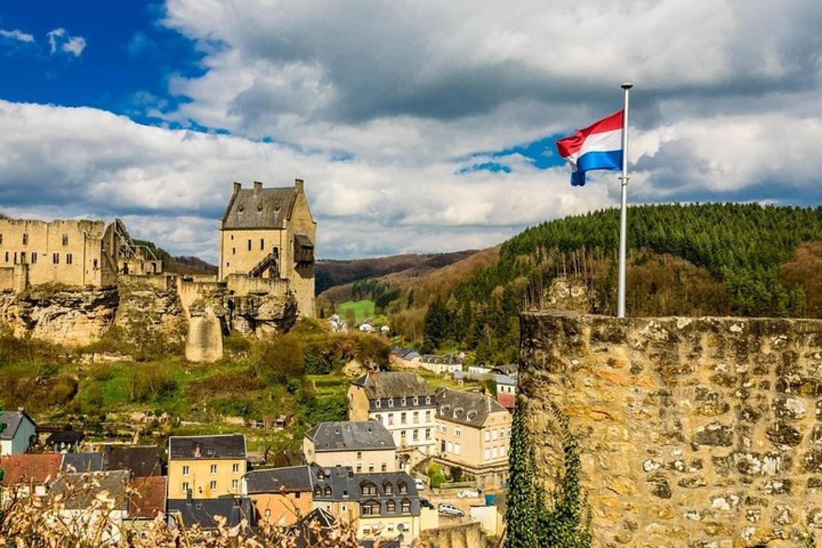 a flag flying over a city with a castle