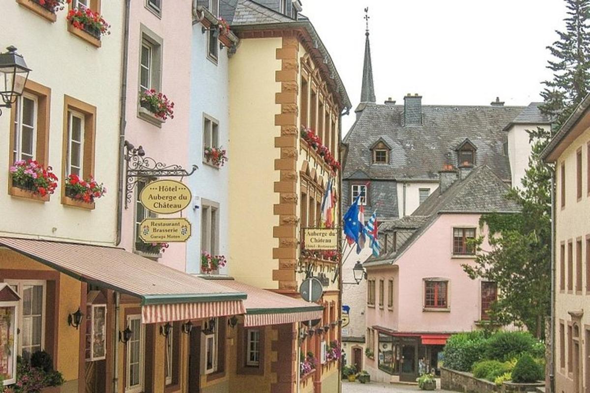 a street in a small town with buildings