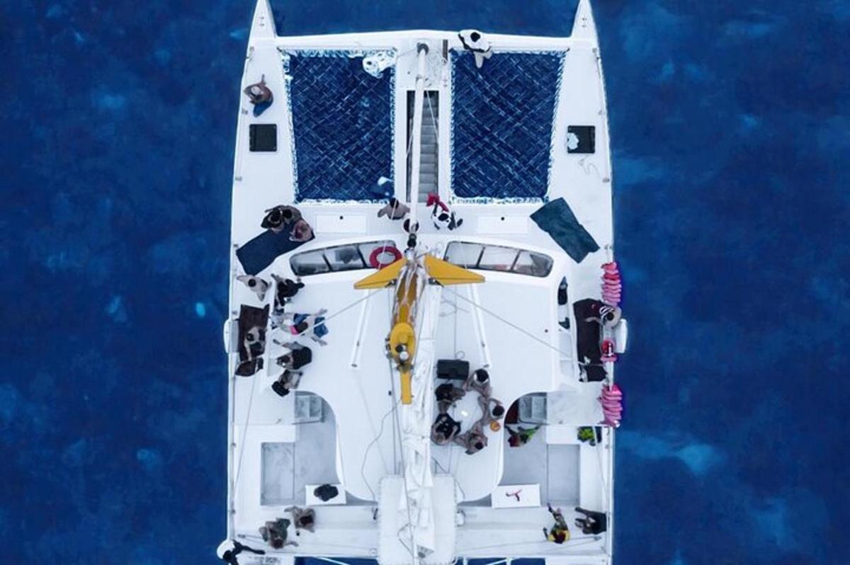 an overhead view of a rescue boat in the ocean