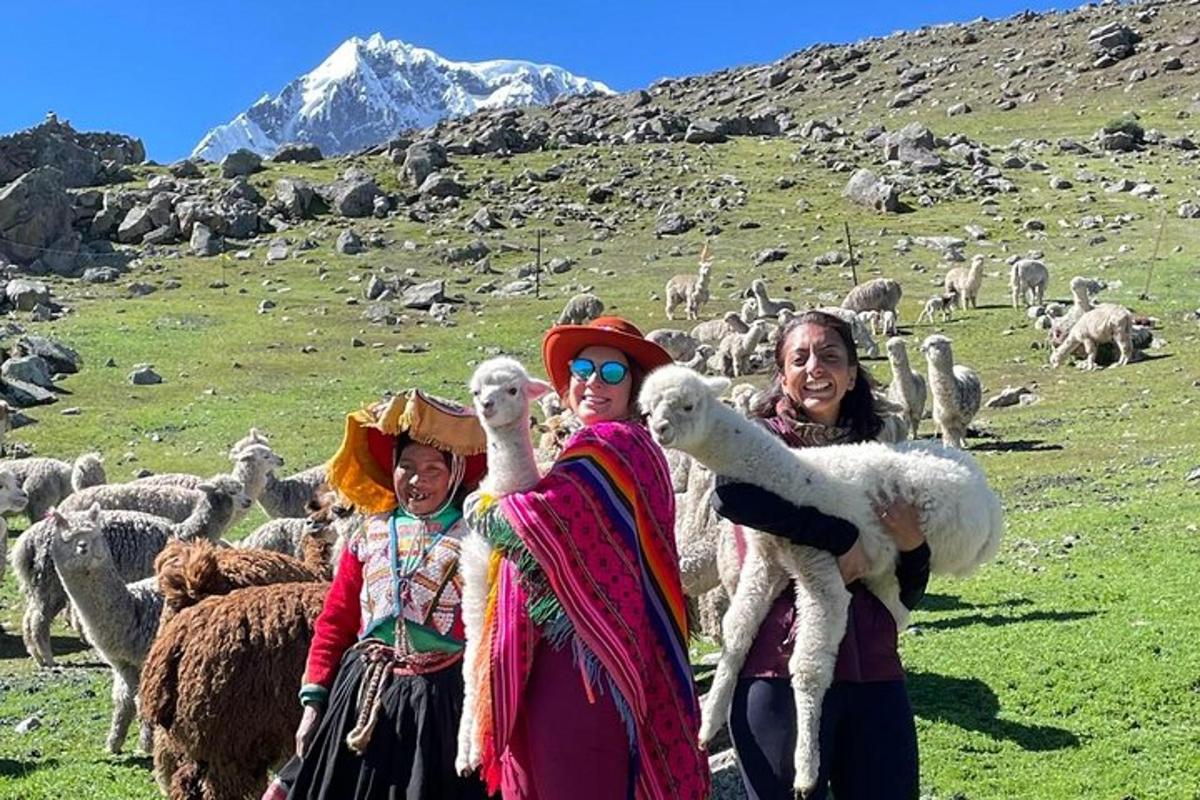 un gruppo di donne in piedi in un campo con le pecore