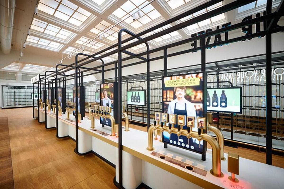 a store with a row of displays in a building