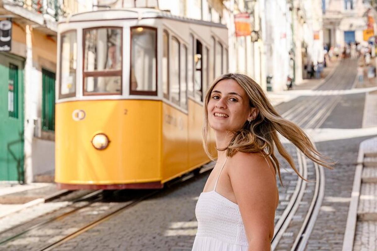 a woman in a white dress standing in front of a tram