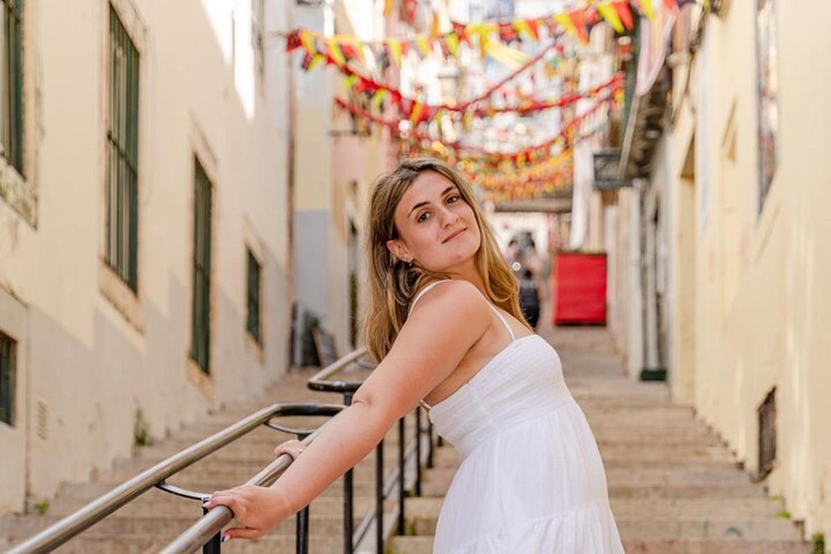 a woman in a white dress leaning on a railing