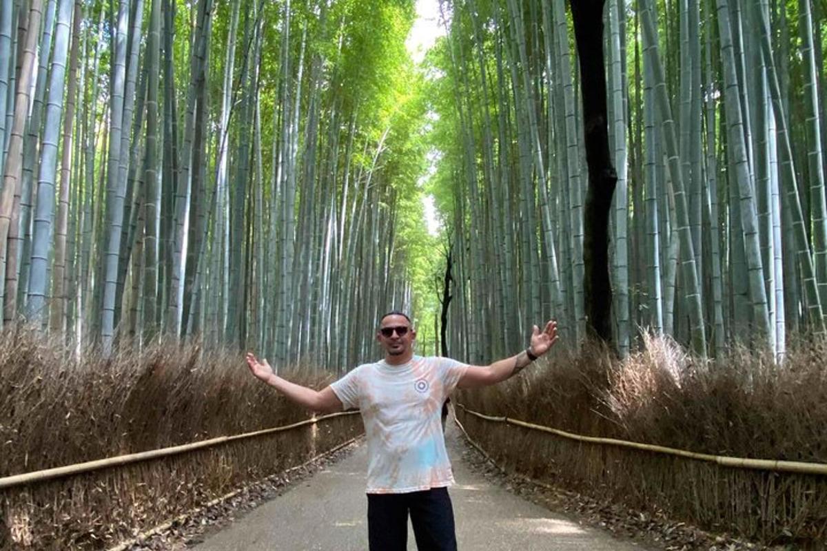 a man is standing in a bamboo forest