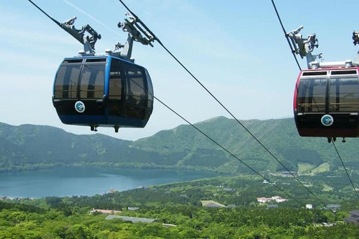 two gondolas flying over a mountain with a lake