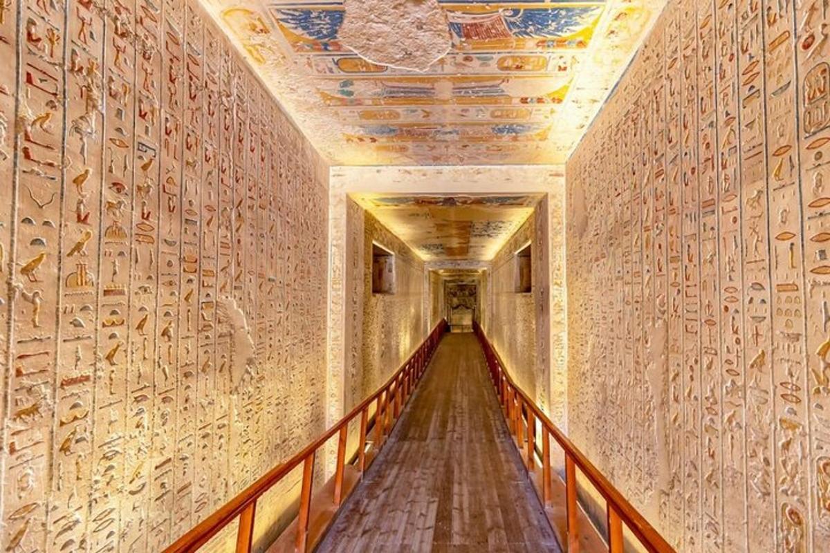 壁一面に絵画が飾られた長い廊下