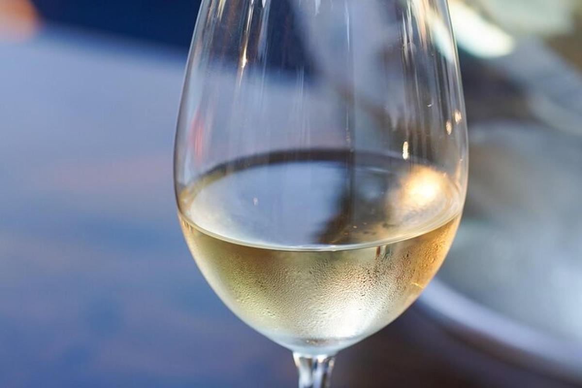 un bicchiere di vino bianco appoggiato su un tavolo