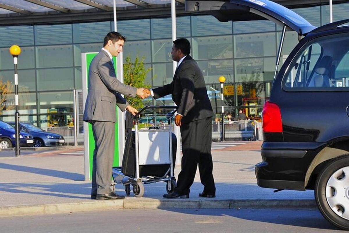 du vyrai spaudžia vienas kitam rankas priešais automobilį