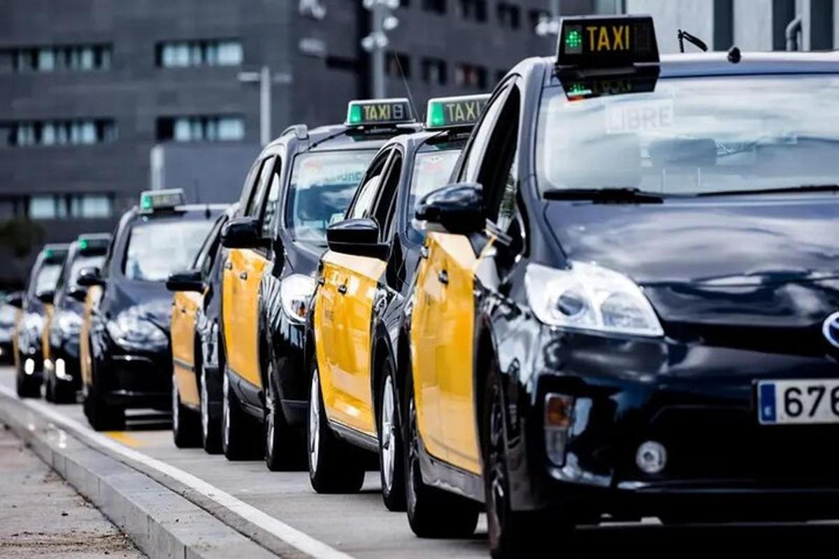 uma fileira de carros de táxi estacionados em uma rua