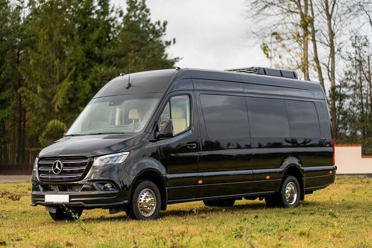 črn kombi parkiran na travnatem polju