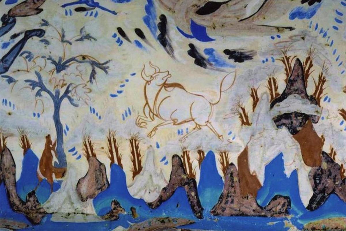 a painting of a animal walking in a field